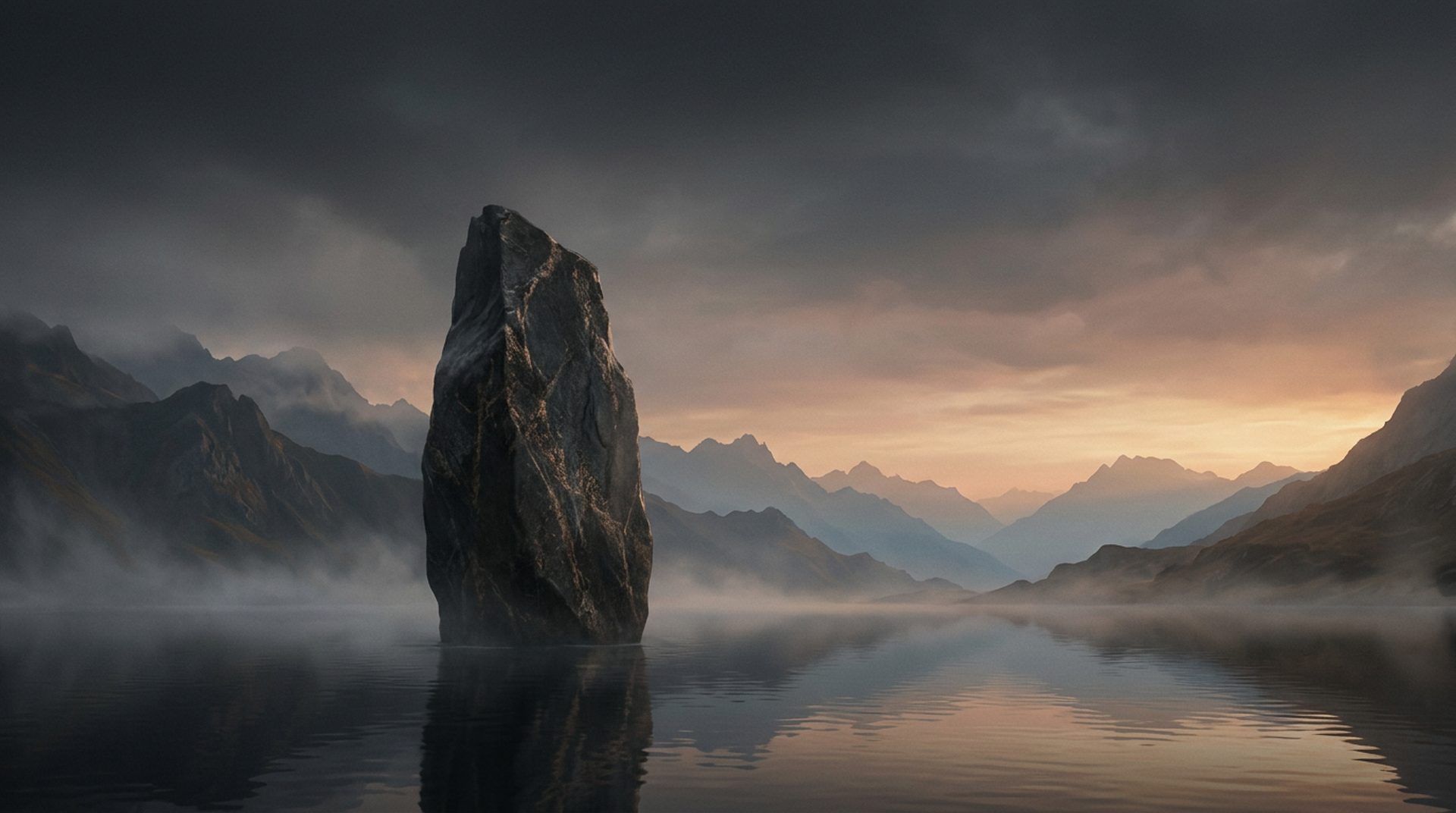 A towering dark granite monolith with bronze veins standing in a misty mountain lake, under a storm sky with an amber dawn on the horizon.